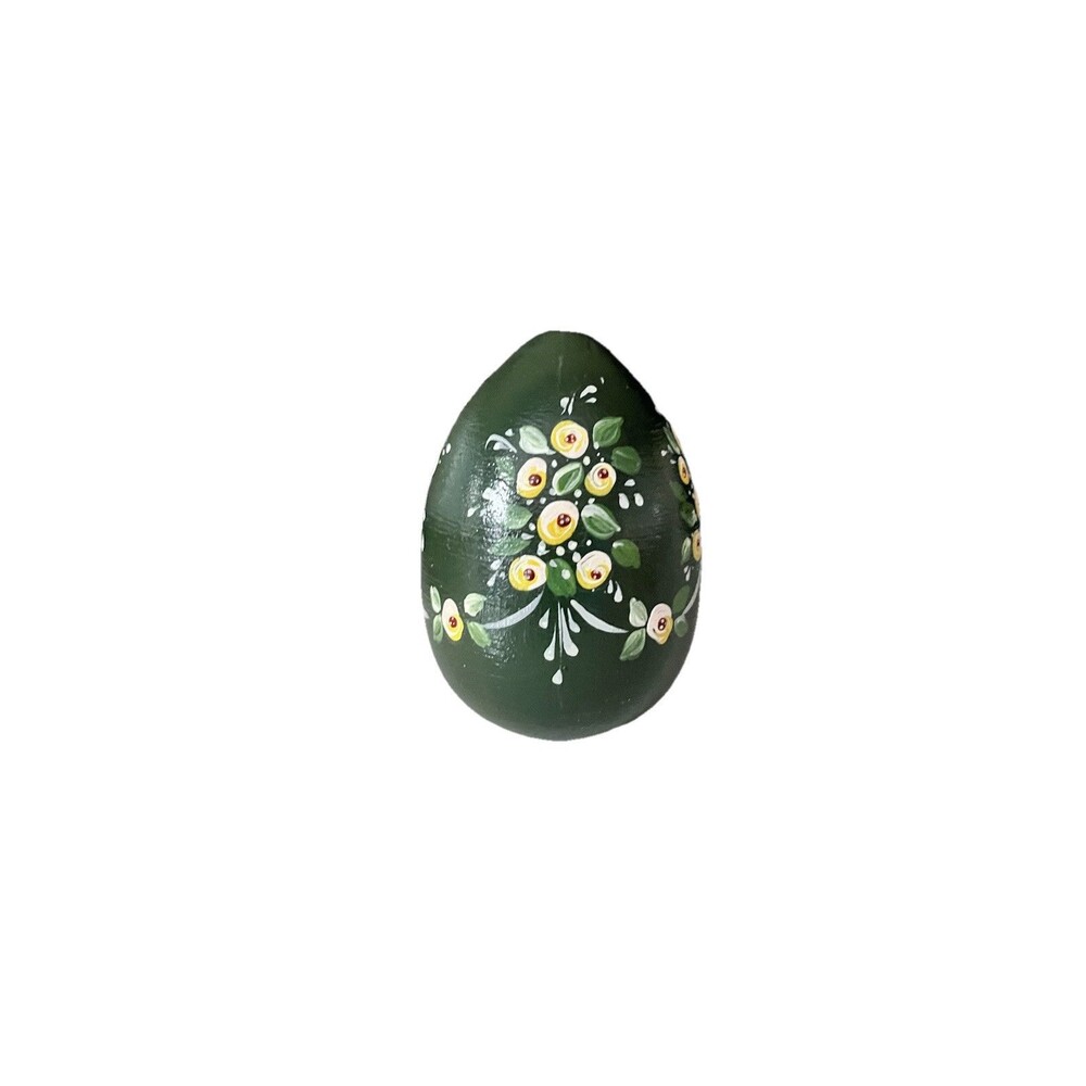 Vintage Handpainted Green Floral Easter Wooden Egg Artist Signed Holiday Decor